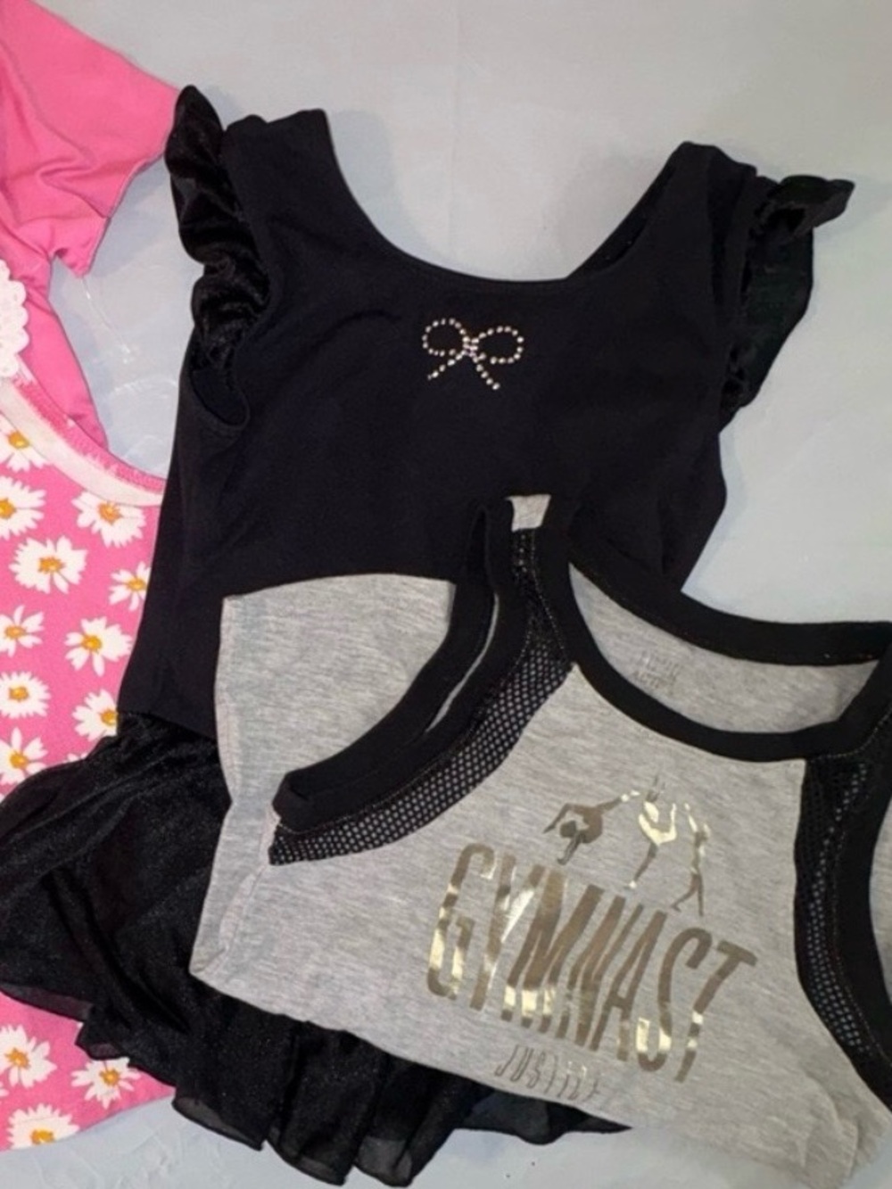 Jacques Moret Skirted Black Leotard, Chiffon Sleeves, Justice Gymnast Tank, Sz 8